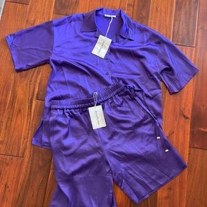 Acne Studios Purple Satin shirt and short set, Size 38 Medium NWT